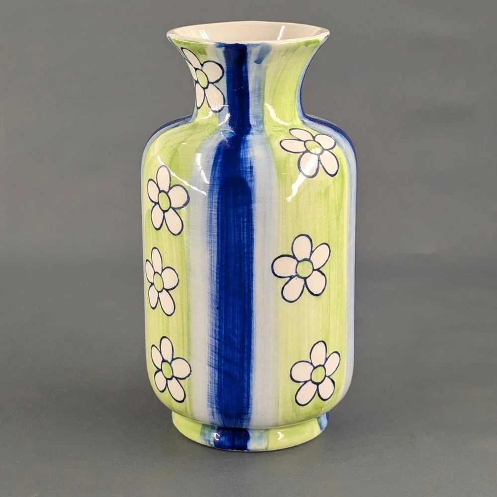 Hand Painted Ceramic Floral Vase Blue Green Striped Daisy Pottery 8 Inch